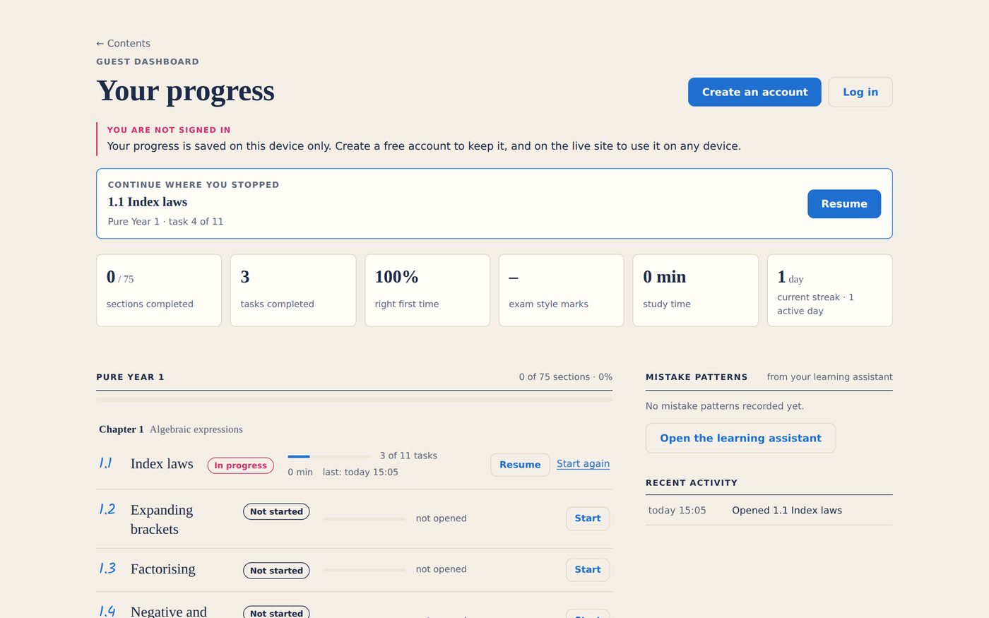 The progress dashboard showing sections completed, tasks completed and recent activity
